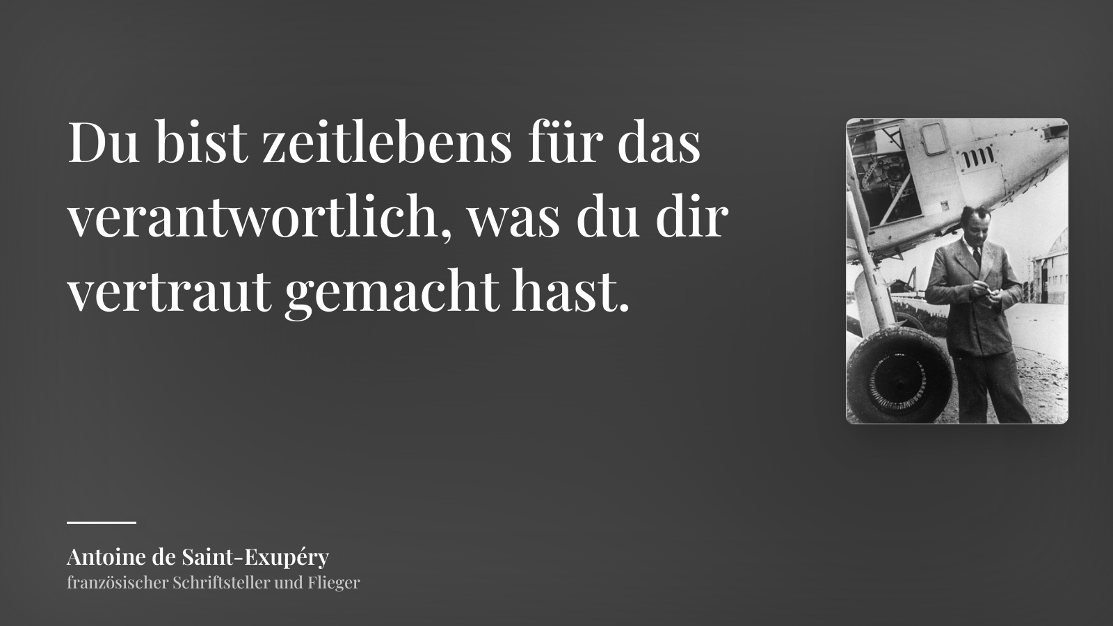 Antoine de Saint-Exupéry zitat: „Du bist zeitlebens für das verantwortlich, was du dir vertraut gemacht hast.“