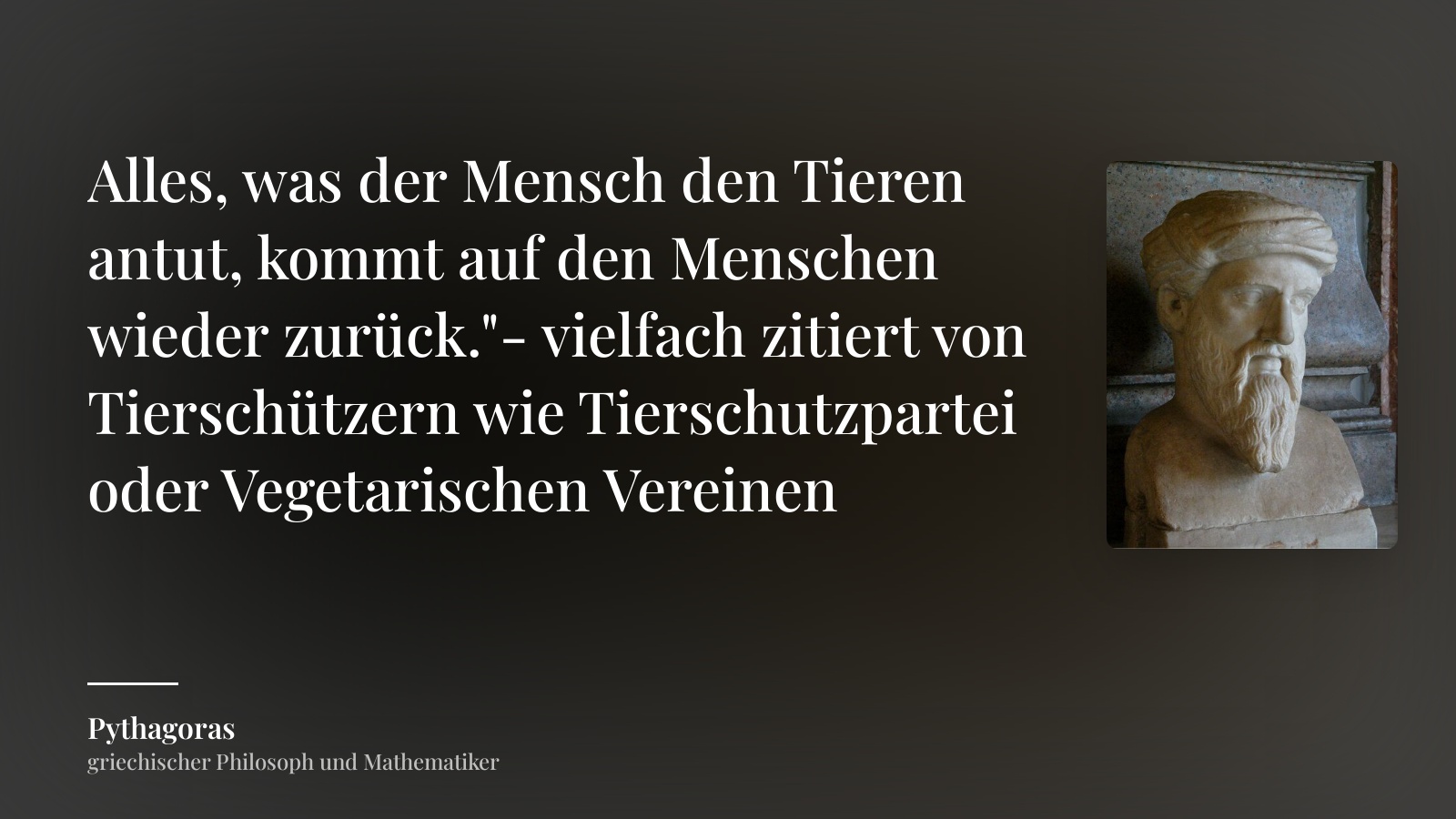 Pythagoras zitat: „Alles, was der Mensch den Tieren antut, kommt auf den Menschen wieder zurück."- vielfach zitiert von Tierschützern wie Tierschutzpartei oder Vegetarischen Vereinen“