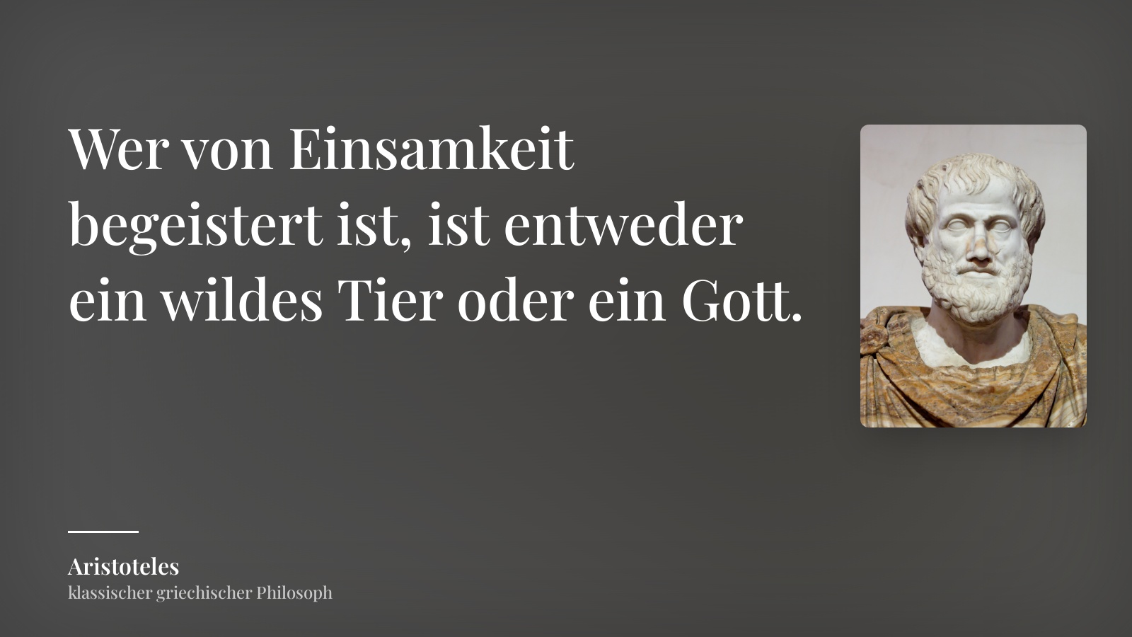 Aristoteles zitat: „Wer von Einsamkeit begeistert ist, ist entweder ein wildes Tier oder ein Gott.“