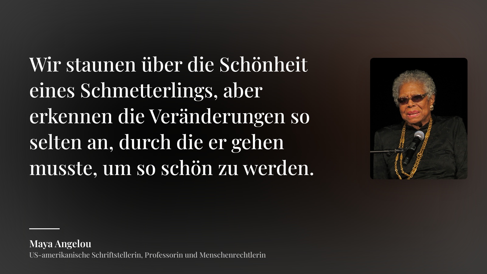 Maya Angelou zitat: „Wir staunen über die Schönheit eines Schmetterlings, aber erkennen die Veränderungen so selten an, durch die er gehen musste, um so schön zu werden.“
