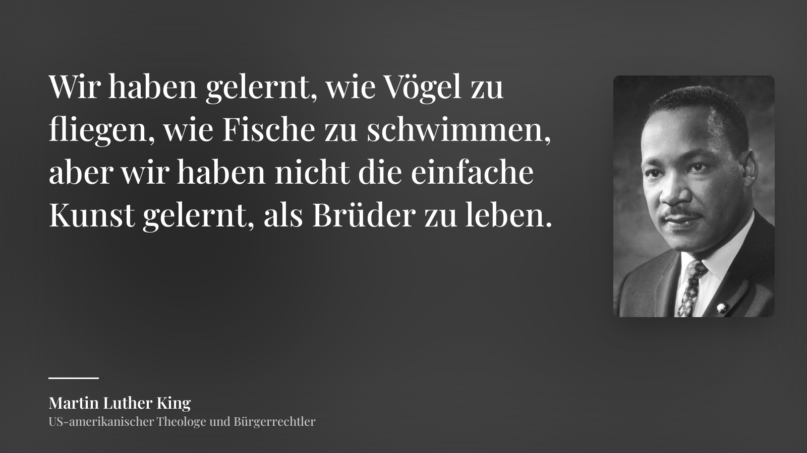 Martin Luther King zitat: „Wir haben gelernt, wie Vögel zu fliegen, wie Fische zu schwimmen, aber wir haben nicht die einfache Kunst gelernt, als Brüder zu leben.“