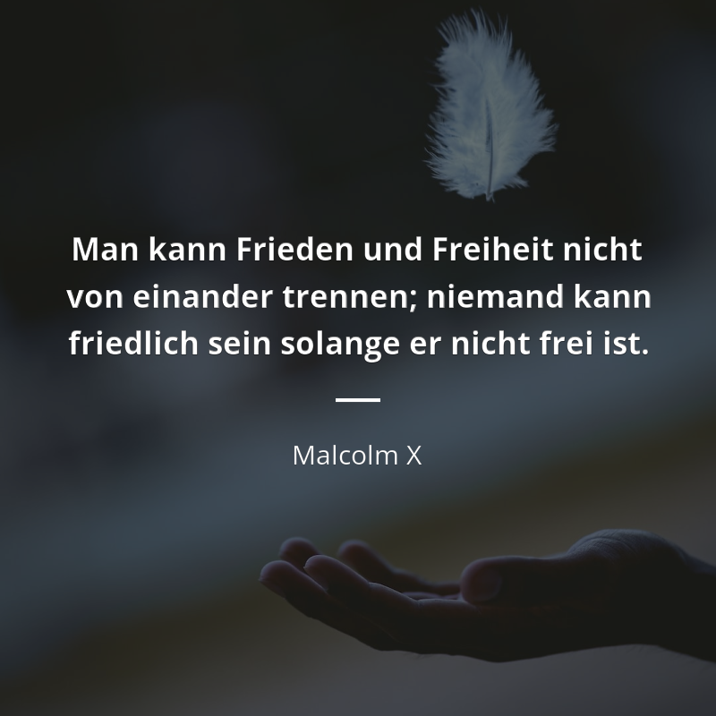 Malcolm X zitat: „Man kann Frieden und Freiheit nicht von einander trennen; niemand kann friedlich sein solange er nicht frei ist.“